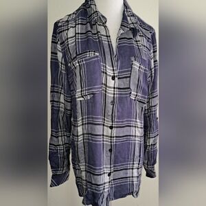 KUT from the Kloth Blue Plaid Metallic Shimmer Button Down Shirt Large‎